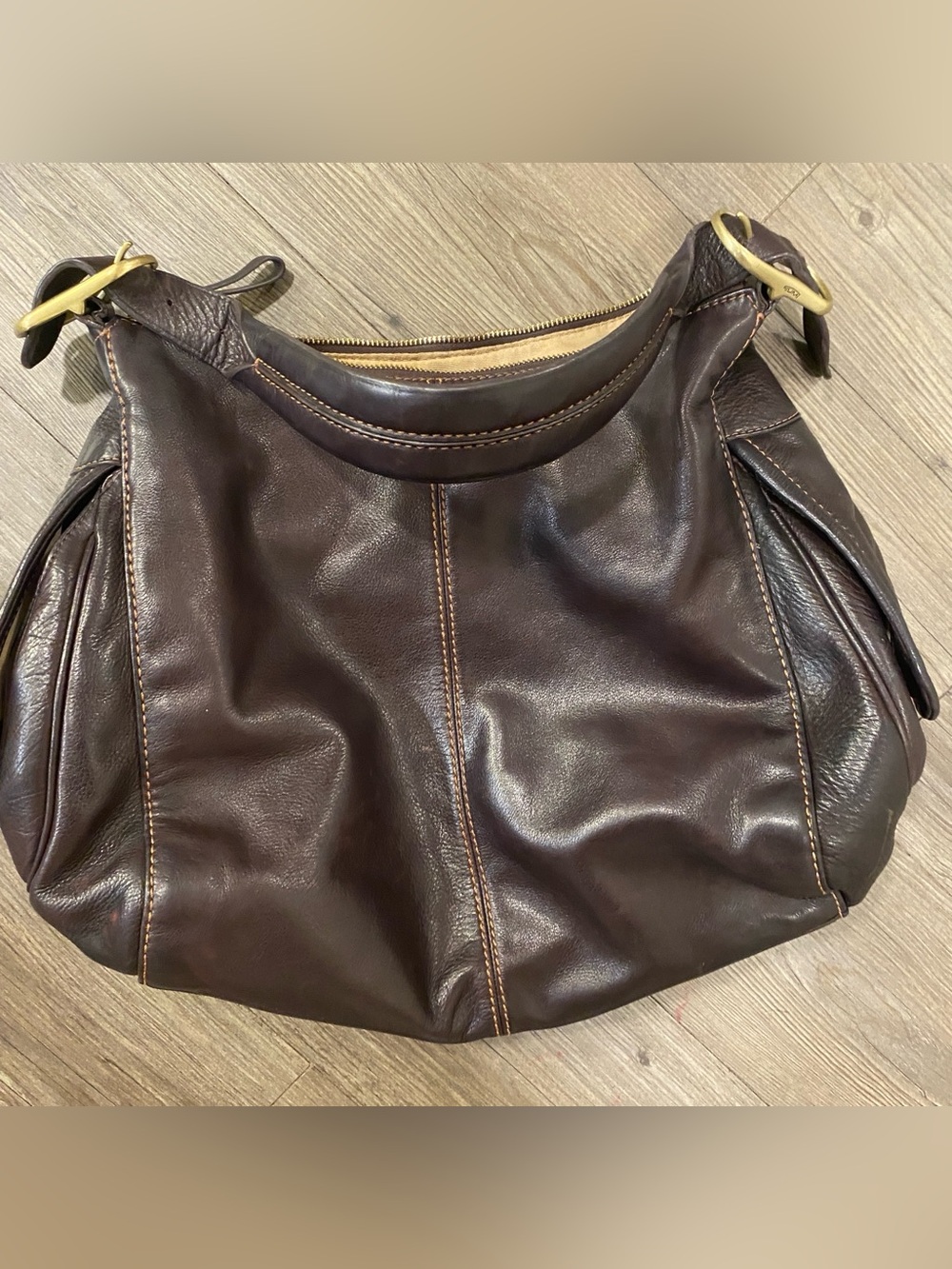Tumi Dark Brown Leather Hobo Bag with Gold-Tone Hardware